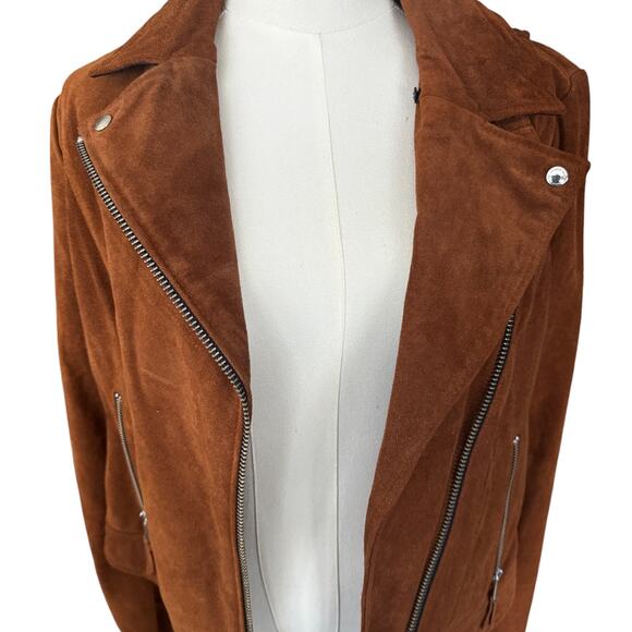 Andrew Marc Genuine Suede Leather Moto Bomber Jacket Brown Size Medium NWT - Picture 4 of 14